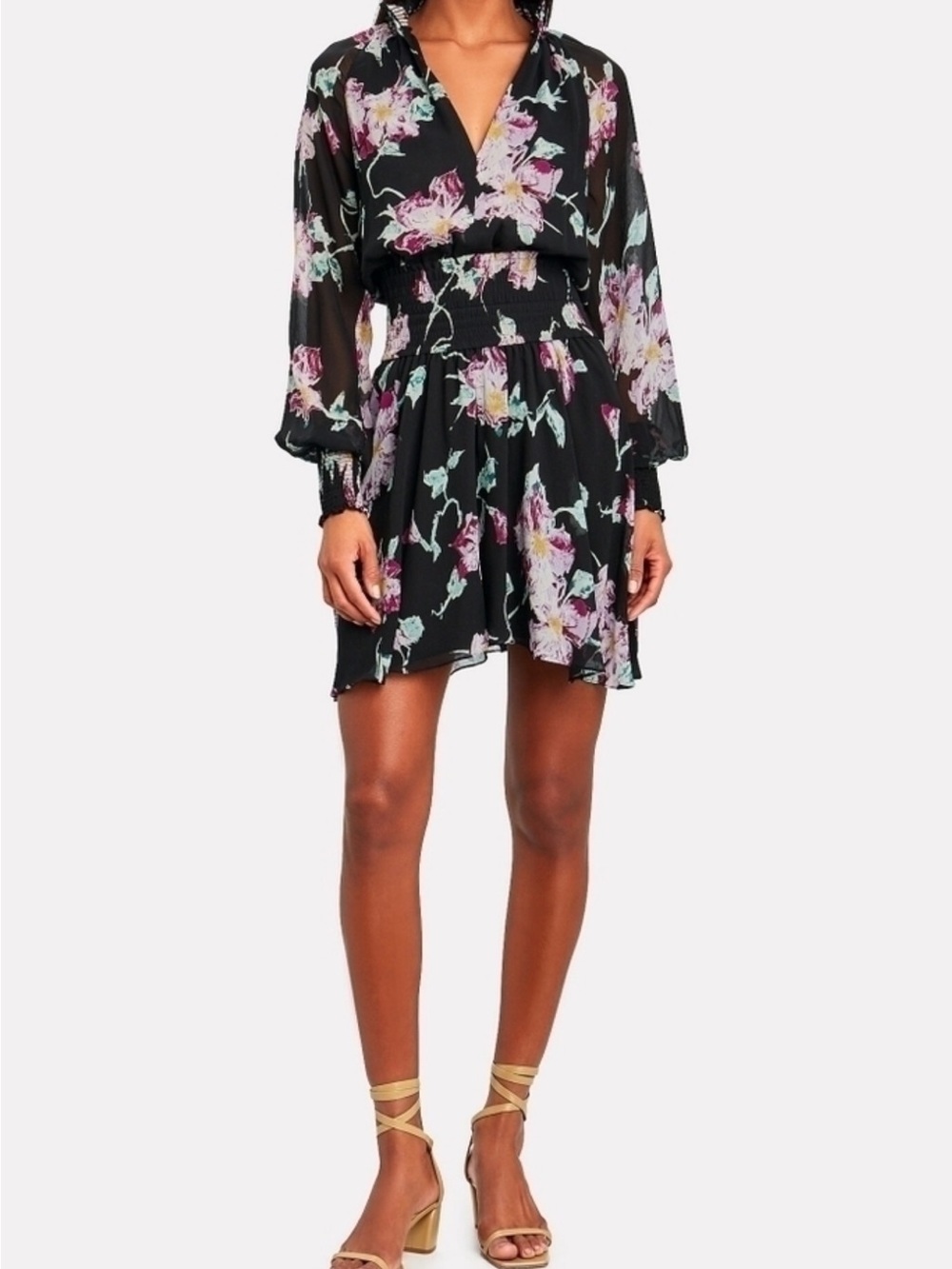 A.L.C. Black Floral V-Neck Silk Long Sleeve Mini Dress